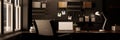 Stylish dark home office workspace with laptop mockup and decor on dark wood table