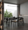 Stylish dark kitchen interior with dining area and window, 3d rendering Royalty Free Stock Photo