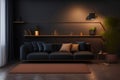 stylish dark living room interior with black sofa, modern interior background, empty black wall mockup, 3d illustration Royalty Free Stock Photo