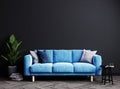 Stylish dark living room interior with blue sofa mock up, modern interior background, empty black wall mockup, 3d illustration