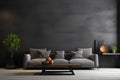 Stylish dark living room interior with gray sofa mock up, modern interior background, empty black wall mockup