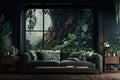 stylish dark wooden jungle interior design with large windows and sofa