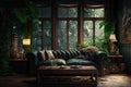 stylish dark wooden jungle interior design with large windows and sofa