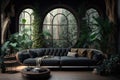 stylish dark wooden jungle interior design with large windows and sofa