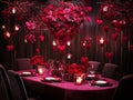 Stylish decorative original table setting in a restaurant for Valentine\'s Day, table design in red