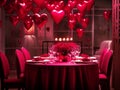 Stylish decorative original table setting in a restaurant for Valentine\'s Day, table design in red