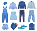 Stylish denim clothing set vector flat illustration. Casual clothes for man and woman