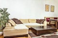 stylish design with sofa corner with cushions and low contemporary table