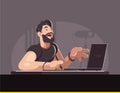 Stylish designer with beard works at workplace. Flat style illustration concept.