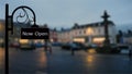 Stylish designer sign board label with Now Open in a city during lockdown due to corona virus