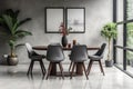 Stylish dining room interior with family wooden table and modern chairs in contemporary home design Royalty Free Stock Photo