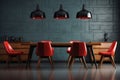 Stylish dining room interior with family wooden table and modern chairs in contemporary home design Royalty Free Stock Photo