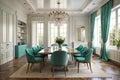 Stylish dining room interior with table surrounded by soft green armchairs and an elegant chandelier. Art deco style