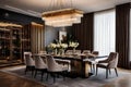 Stylish dining room with a modern dining table, elegant dining chairs, and a statement chandelier