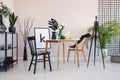 Stylish dining room with round wooden table and comfortable black and white chairs, real photo with copy space on the empty wall
