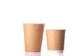 Stylish disposable brown paper cups small medium sizes on white background Royalty Free Stock Photo