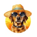 A stylish dog donning a straw hat and sunglasses