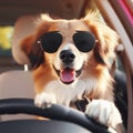 Stylish dog in sunglasses driving a car. ai generative Royalty Free Stock Photo
