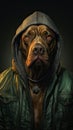 Stylish dog wearing blue hooded raincoat on a dark background