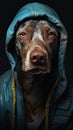 Stylish dog wearing blue hooded raincoat on a dark background