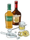 Stylish doodle cartoon Rusty Nail cocktail composition. Honey liquor and whisky bottles, ice scoop and lemon fruit. For