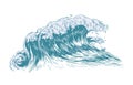 Stylish drawing of sea or ocean wave with foaming crest isolated on light background. Oceanic storm, tide, tsunami