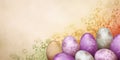 stylish Easter banner with colored eggs on a defocused, decorated with a swirl pattern, background with a place for text,the