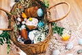 Stylish Easter basket with modern eggs, easter bread cake, ham, beets, sausage, butter and green branches on rustic fabric with Royalty Free Stock Photo