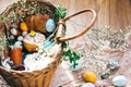 Stylish Easter basket with modern eggs, easter bread cake, ham, beets, sausage, butter and green branches on rustic fabric with Royalty Free Stock Photo