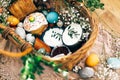 Stylish Easter basket with modern eggs, easter bread cake, ham, beets, sausage, butter and green branches on rustic fabric with Royalty Free Stock Photo