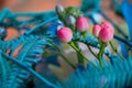 Stylish easter bouquet in blue tones over brick wall background, selective focus, copy space Royalty Free Stock Photo