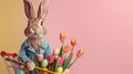 Stylish Easter bunny carrying shopping cart with Easter eggs and tulips ,pink background with copy space Royalty Free Stock Photo