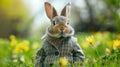 Stylish easter bunny dressed in a plaid jacket posing in grass.