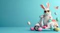 A stylish Easter bunny in glasses cruises on a motorbike with painted eggs, against a blue backdrop Royalty Free Stock Photo