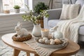 Stylish Easter Coffee Table with Ceramic Rabbits, Decorative Eggs, and Scandinavian Charm Royalty Free Stock Photo