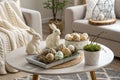 Stylish Easter Coffee Table with Ceramic Rabbits, Decorative Eggs, and Scandinavian Charm Royalty Free Stock Photo