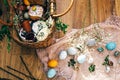 Stylish Easter eggs, easter bread cake, ham, beets, sausage, butter, green branches in wicker basket on rustic fabric with spring Royalty Free Stock Photo