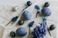 Stylish easter eggs and spring flowers on rustic wooden table. Happy Easter! Natural dye marble and blue eggs, purple hiacynt