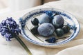 Stylish easter eggs on vintage plate and spring flowers on rustic table. Happy Easter! Natural dye blue eggs, purple hiacynt