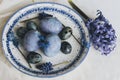 Stylish easter eggs on vintage plate and spring flowers on rustic table. Happy Easter! Natural dye blue eggs, purple hiacynt