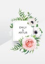 Stylish, editable vector wedding invite card template design. Watercolor style pink, white rose garden flowers, ivory anemone, gre Royalty Free Stock Photo