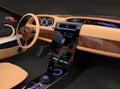 Stylish electric car interior with luxury wood pattern decoration. Royalty Free Stock Photo