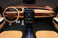 Stylish electric car interior with luxury wood pattern decoration.