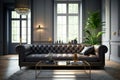 A stylish and elegant living room with a large glass coffee table and a black leather sofa. Generative Ai Royalty Free Stock Photo