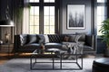 A stylish and elegant living room with a large glass coffee table and a black leather sofa. Generative Ai Royalty Free Stock Photo