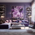 Stylish elegant luxury purple and pink open living room Royalty Free Stock Photo