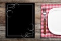 Stylish elegant table setting and empty menu on  background, top view. Space for text Royalty Free Stock Photo