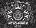 Stylish emblem for automobile club with Wheel, pistons, wings and crown