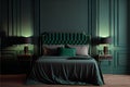 Stylish emerald green bedroom interior with comfortable king size bed with headboard and pillows in dark green bedroom