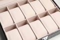 Stylish empty jewelry box on table, closeup